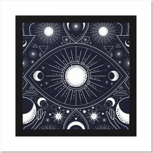 Magic pattern with constellations, sun, moon, magic eyes, hands and stars. Mystical esoteric background. Posters and Art